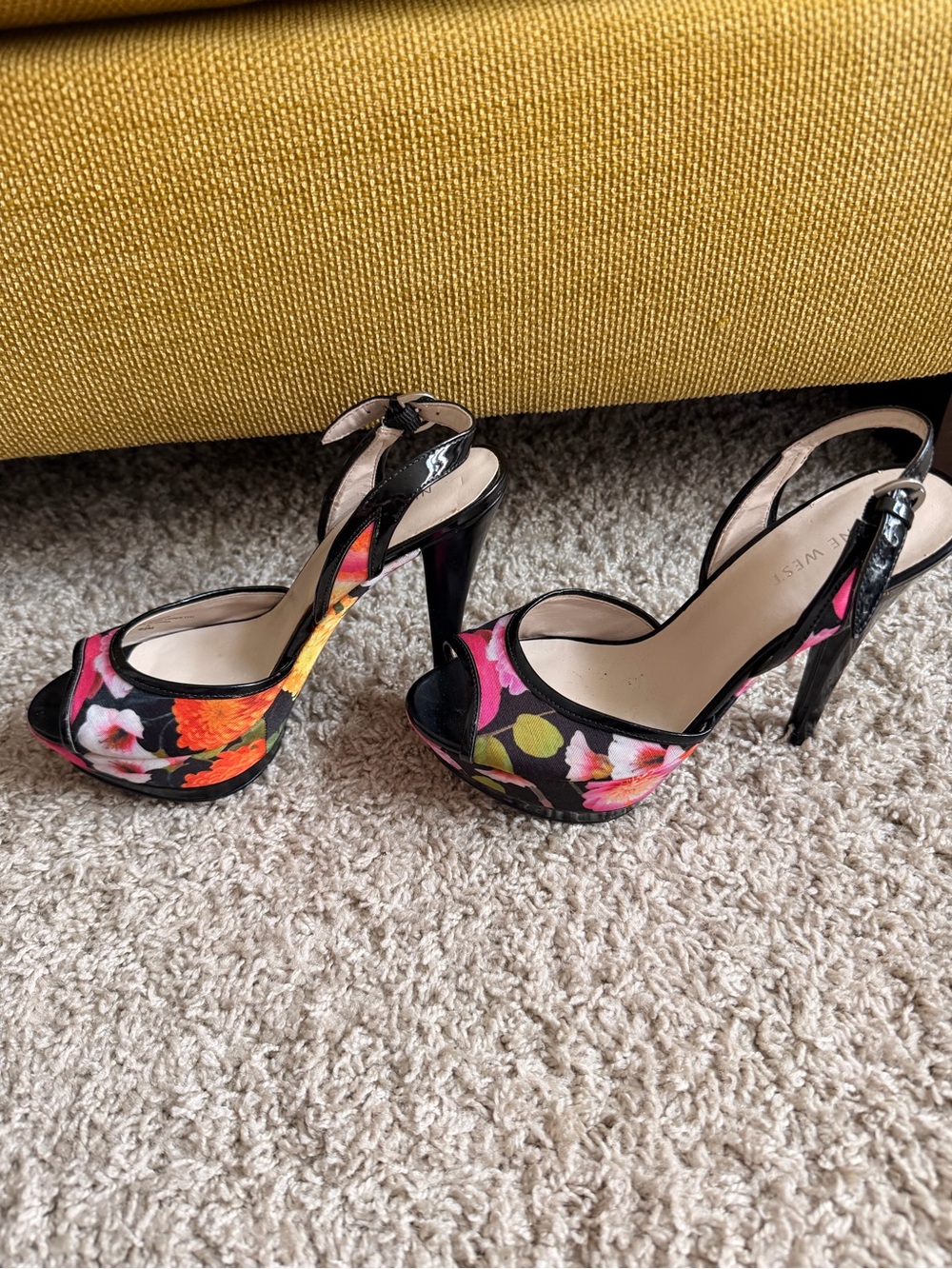 Nine West Black Floral Peep-Toe Slingback Heels